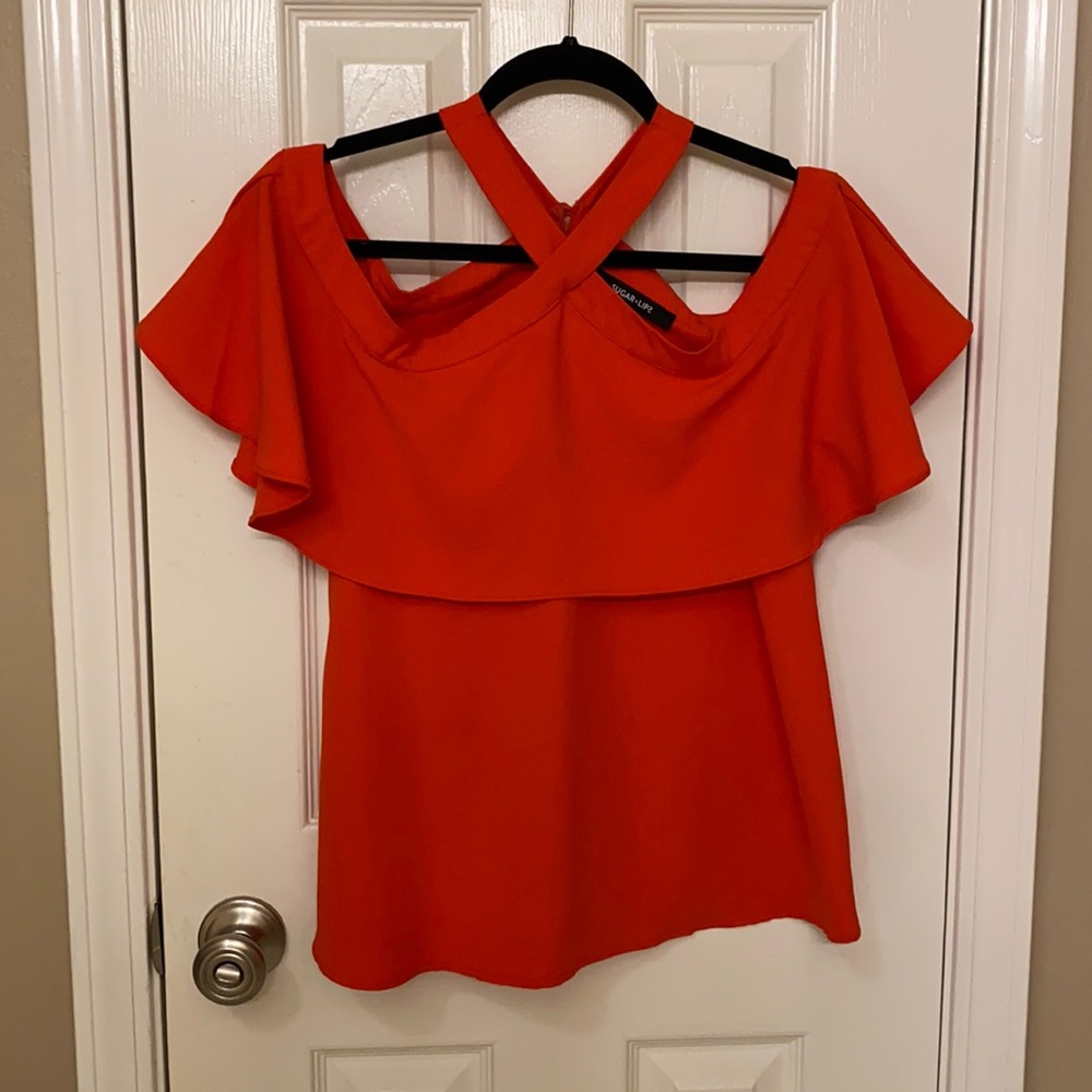 Sugar Lips Orange Blouse with crisscross neck and off shoulder sleeves